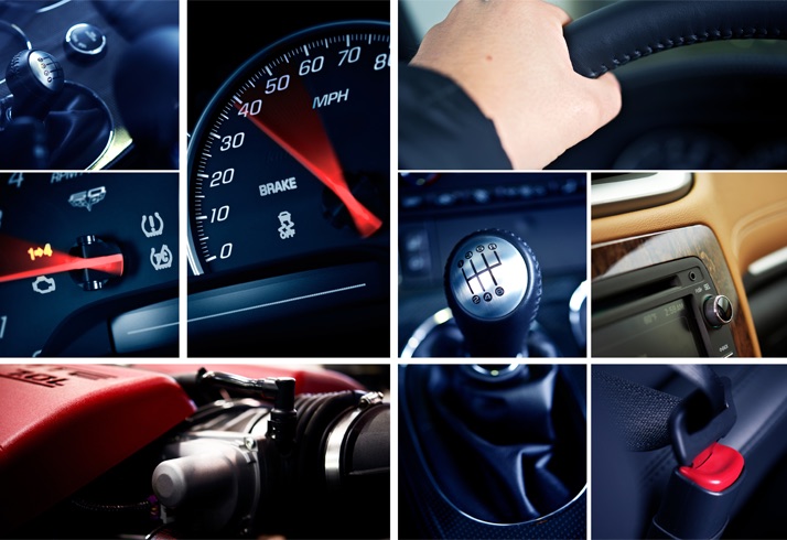 Montagem com detalhes do interior e do motor de veículos